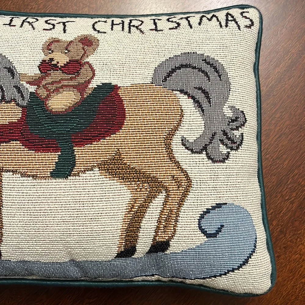 Vintage Baby's First Christmas Tapestry Throw Pillow Bear on Rocking Horse